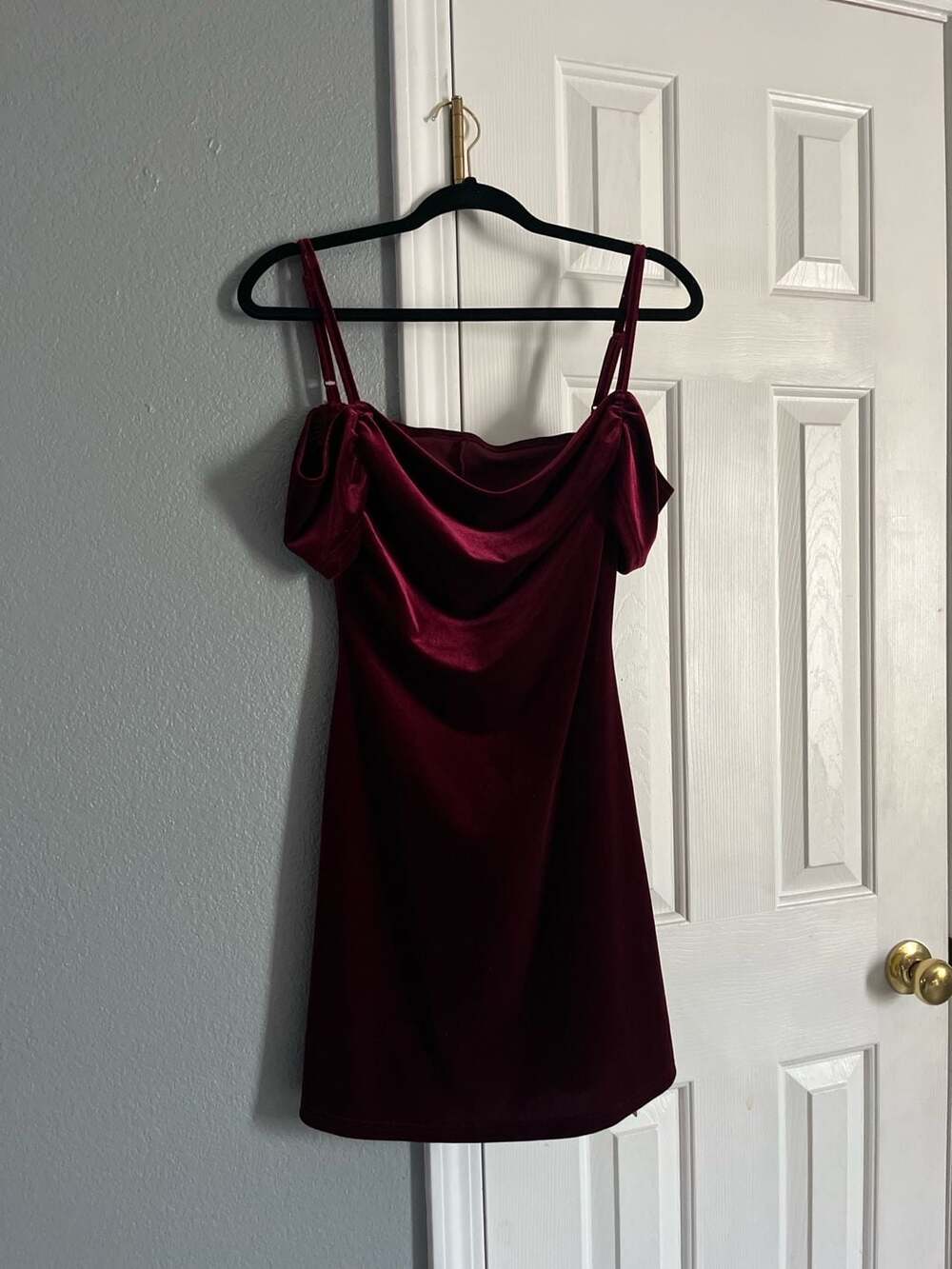 SHEIN MOD Burgundy Velvet Cold Shoulder Cowl Neck Mini Dress